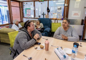 Community members chat during the weekly Elders Gathering at Baabayn Aboriginal Corporation in western Sydney. Photo Richard Wainwright, Caritas Australia